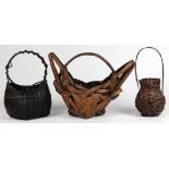 (lot of 3) Japanese bamboo ikebana baskets, hanakago style, each with handle, largest: 11.5"h x 15"