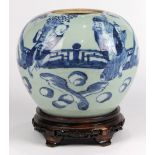 Chinese underglazed blue celadon jar, featuring an elderly scholar and two attendents in a garden,