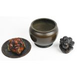 (lot of 3) Japanese bronze censer/ hand warmer, the bulbous body on a short foot, signature on the