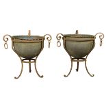 (lot of 2) Spanish Revival style jardinieres, each having a hammered bowl with ruffled rim, above