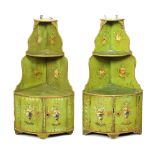 Pair of Louis XV style green painted wood corner etageres, 19th century, each superstructure