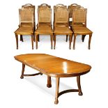 Art Noveau oak dining suite, consisting of a dining table having an oval top with (3) 14"l leaves,