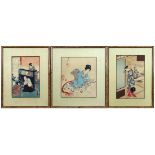 (lot of 3) Japanese woodblock prints: Toyohara Chikanobu (1838-1912), depicting a girl playing 100-