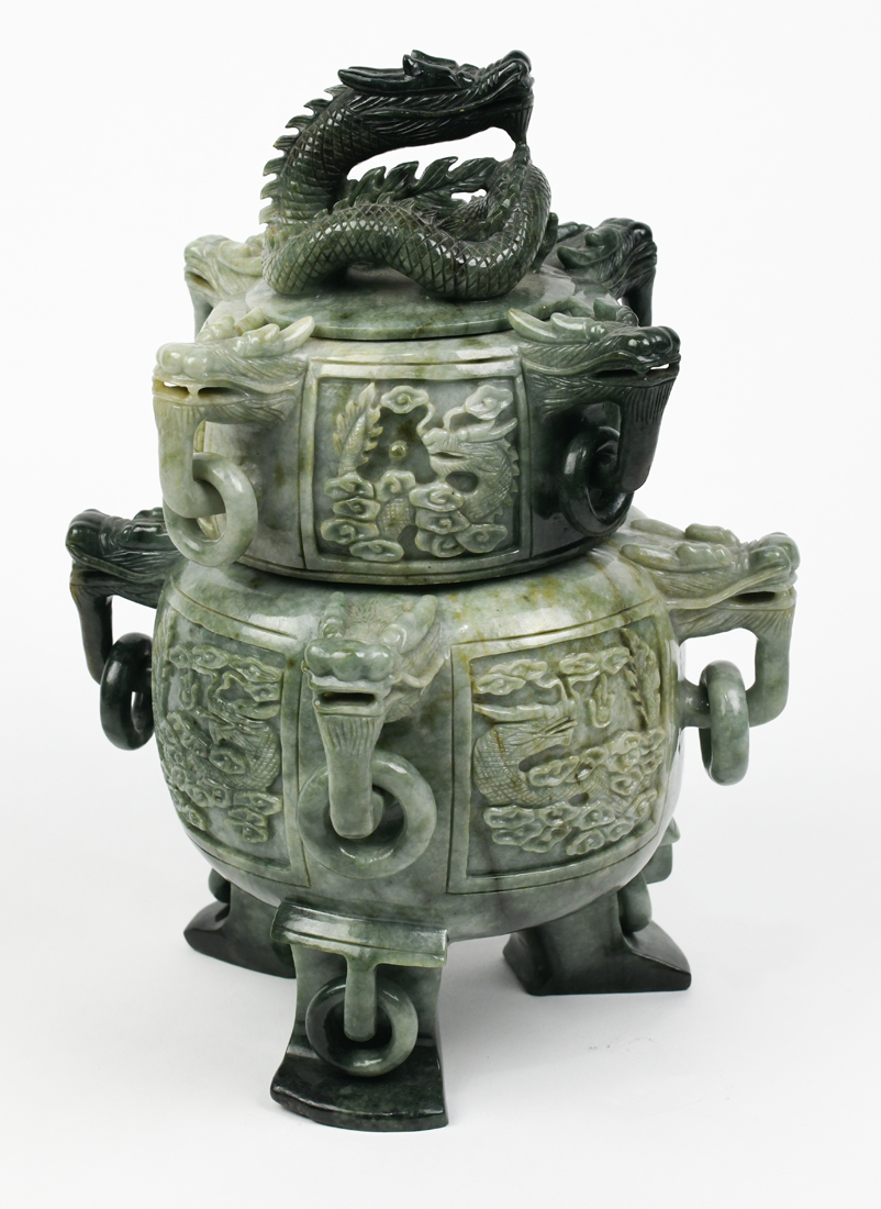 Chinese hardstone two-tiered lidded censer, carved with dragon reserves and dragon head handles