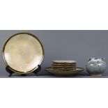 (lot of 8) Japanese mingei (folk art) ware: a green gray jar with three lug handles and circular