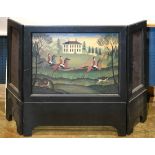 Folk Art firescreen, depicting a fox hunt scene, in three parts, the central panel 27"w flanked with