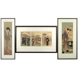 (lot of 3) Japanese woodblock prints: Katsukawa Shuncho (18th-19th century), triptych depicting