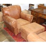 (lot of 2) Art Deco style leather club chair with leather ottoman, each having brass nail head trim,