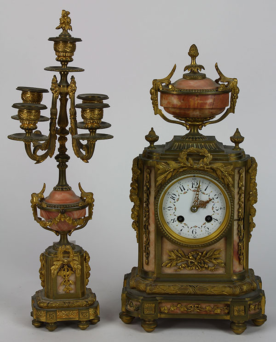 (lot of 2) French E. Godeau Neo-Classical style bronze and marble mantle clock fronted by an