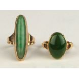 (Lot of 2) Jade and yellow gold rings Including 1) jadeite and 14k yellow gold ring, size 4.75;