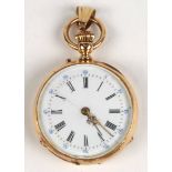 Enamel and 18k yellow gold open face pendant-watch Dial: white, black Roman numeral, black outer