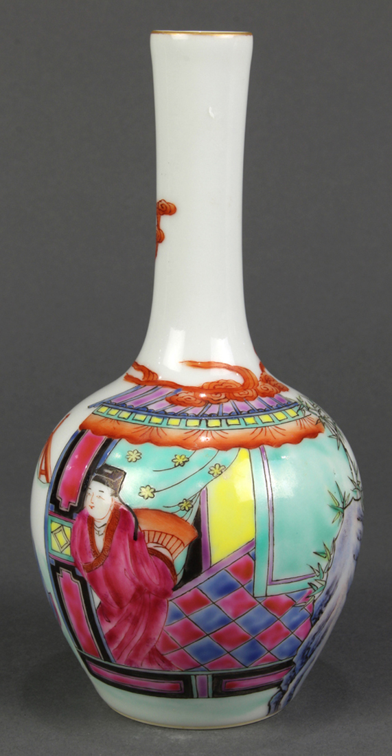 Chinese famille rose small porcelain vase, with a stickneck and globular body featuring a monk and - Image 3 of 6