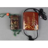 (lot of 2) Japanese two-case inro, Edo/Meiji period, reddish brown lacquered with a dragon fly and