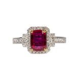 Ruby, diamond and 18k white gold ring Centering (1) cushion-cut ruby, weighing 1.16 cts.,