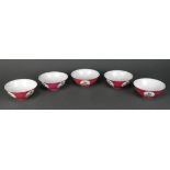 (lot of 5) Chinese porcelain bowls, exterior with peach roundels on a pink sgraffito ground, 6.5"