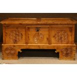 Swedish carved coffer circa 1750, executed in pine, having geometric reserves, the front opening