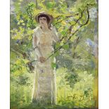 Attributed to Edward Dufner (American, 1872–1957), Untitled (Maiden in the Garden), oil on panel,