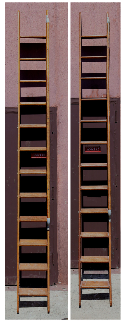 (lot of 2) Western Electric oak ladders, manufactured by Bond Lumber and Milwork Corp., 137"h