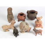 (lot of 8) Precolumbian style figural groups and vessels, including animal figures and handled