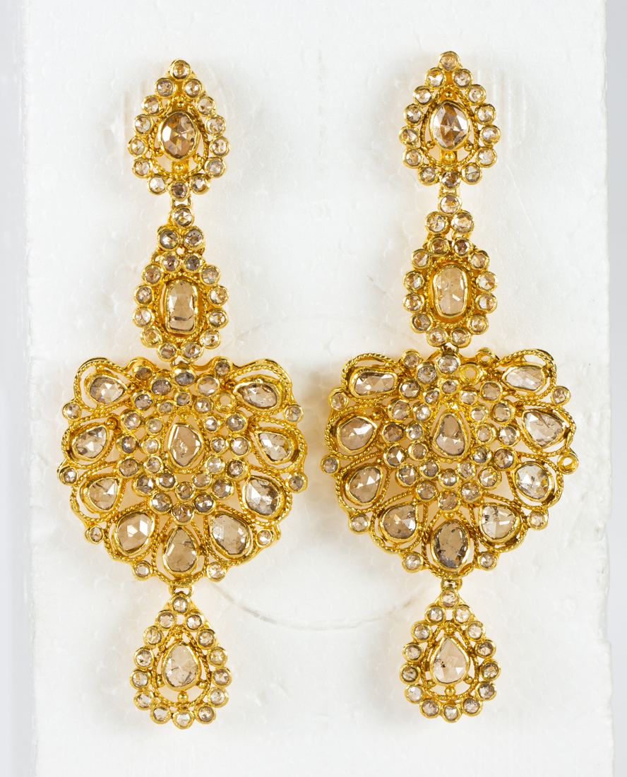 Pair of diamond, 22k and 14k yellow gold ear-pendants Featuring (184) rose-cut diamonds, set in an