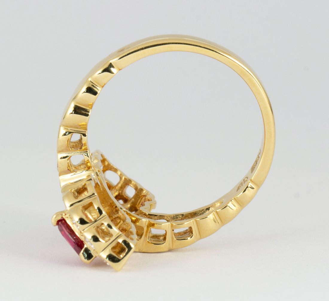 Ruby, diamond and 18k yellow gold ring Featuring (2) pear-cut rubies, weighing a total of - Image 4 of 5