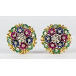 Pair of multi-stone, diamond and 18k yellow gold earrings Designed as a flower, featuring (36)