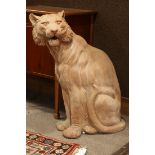 Continental terra cotta lion sculpture, depicted seated with mouth open, 39"h
