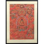 Himalayan thangka, centered by a Buddha holding an alm's bowl to the center on red ground,