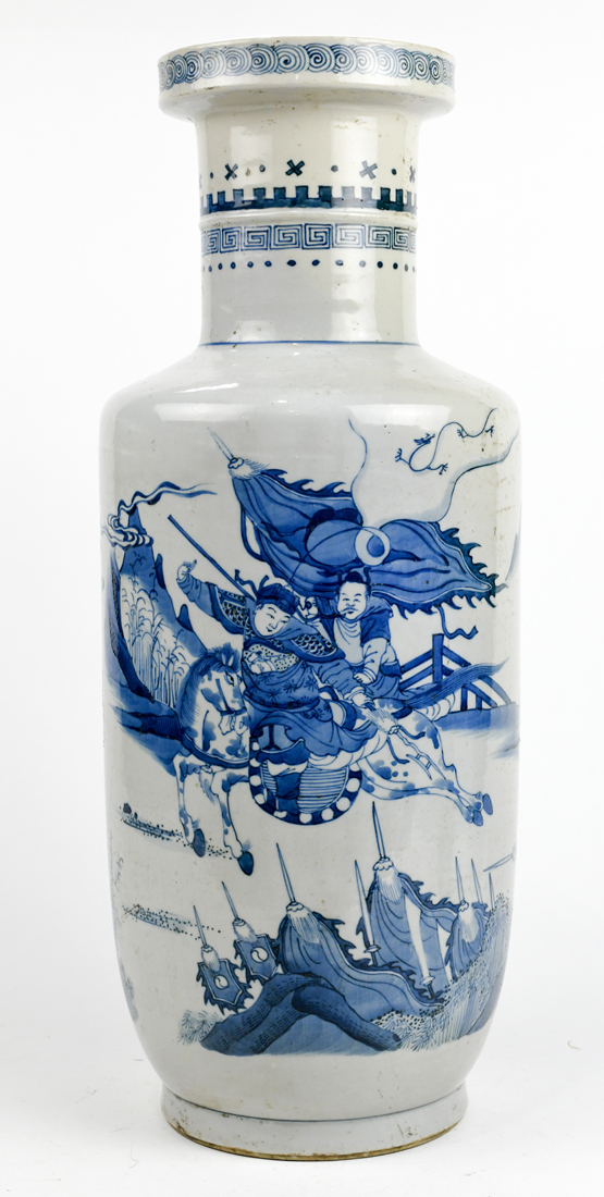 Chinese underglazed porcelain vase, of rouleau form featuring a battle scene, base with apocryphal