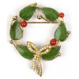 Petri nephrite, coral, diamond and 18k yellow gold wreath brooch Designed as a wreath, featuring (6)