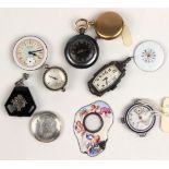 (Lot of 8) Enamel, marcasite, carnelian, sterling silver, silver and metal watches and parts