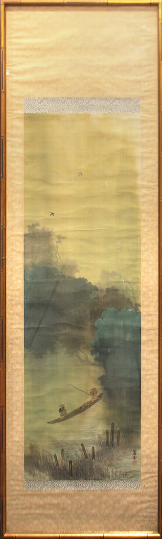 Japanese framed scroll, ink and color on silk, depicting a river landscape and two men on a boat,