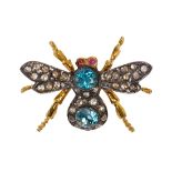 Blue zircon, ruby, diamond and silver-gilt bee brooch Designed as a bee, featuring (2) round-cut
