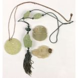 (Lot of 4) Nephrite, serpentine and metal pendant-necklaces Including 2) carved and pierced