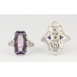 (Lot of 2) Amethyst, diamond and white gold rings Including 1) diamond, synthetic sapphire and 14