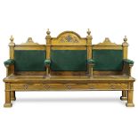 French Gothic Revival hall bench, executed in oak circa 1860, the three part bench with green velvet