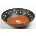 Etruscan style bowl, centered with a figure of a swan, 2"h x 6.5"dia.