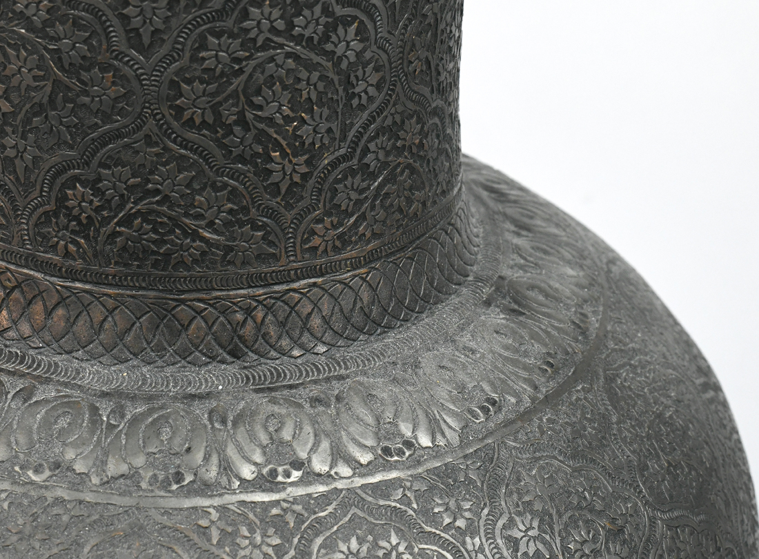Pair of Middle Eastern silvered copper vases, each having a stick neck above a bulbous body, - Image 3 of 4