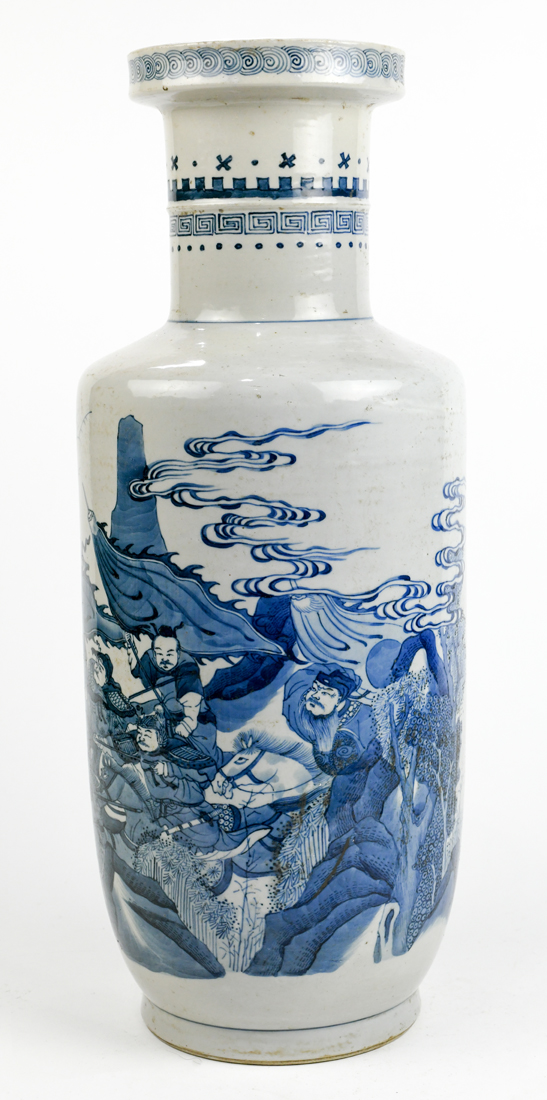 Chinese underglazed porcelain vase, of rouleau form featuring a battle scene, base with apocryphal - Image 2 of 4