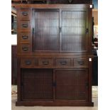 Japanese two-part tansu, upper unit with four drawers to the left and double-hinged doors to the