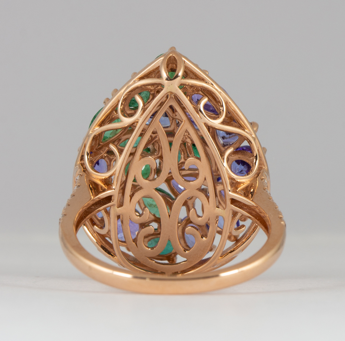 Tanzanite, emerald, diamond and 14k yellow gold ring Featuring (11) varying-shaped emeralds, - Image 5 of 6