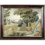 Silk and needlework scenic panel, depicting a monk under a tree with a book in his hand, gazing