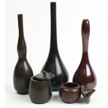 (lot of 5) Japanese three patinated bronze vases, each with a long neck above a slender body, one