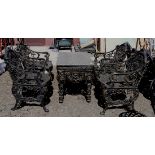 (lot of 5) Egyptian Revival style patinated bronze patio furniture, consisting of (4) armchairs, (2)