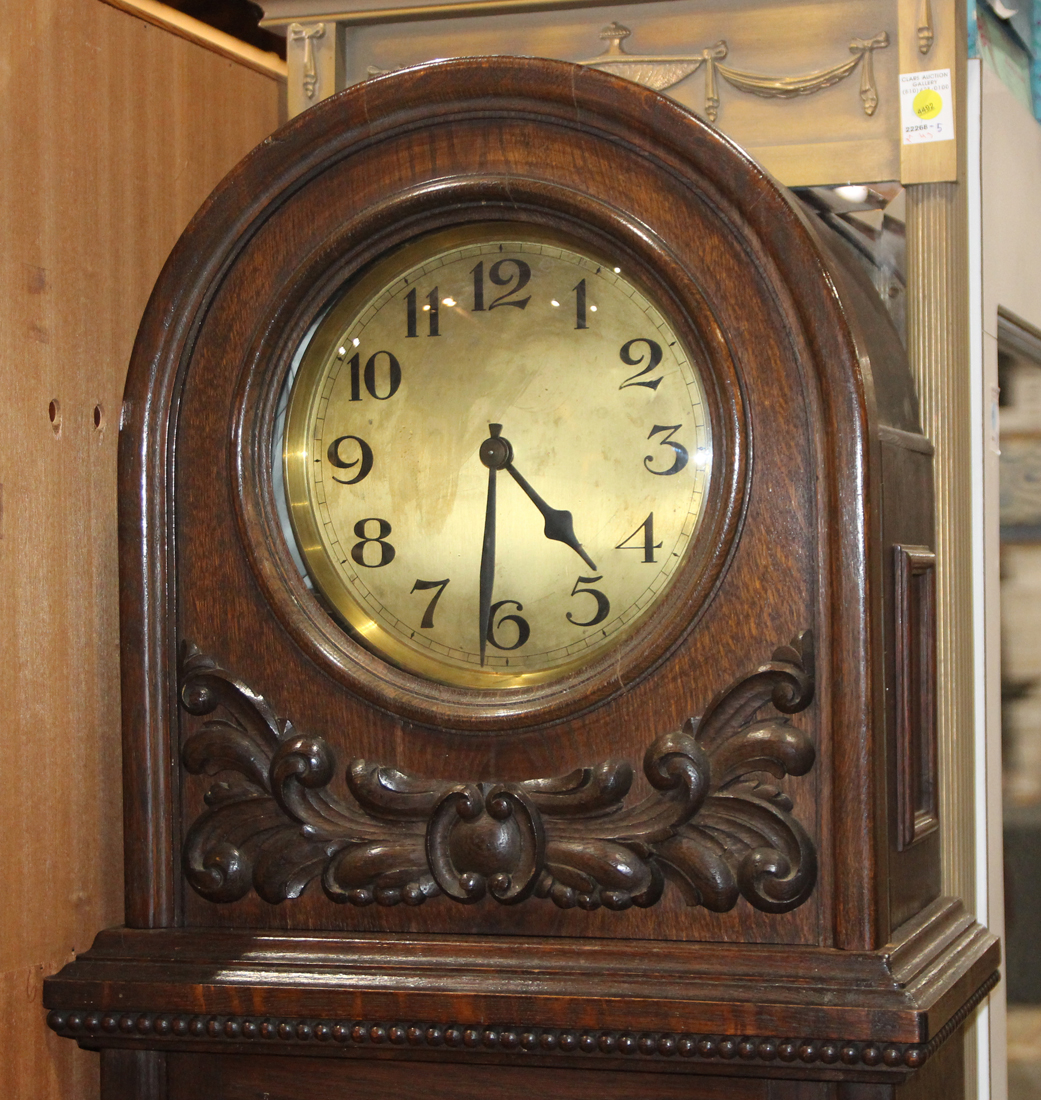 Art Deco tall case clock, having a brass dial with Arabic markers housed in an oak case, with - Image 2 of 2