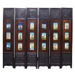 Chinese six-panel wood screen with reverse glass paintings, the upper section carved with scholar'