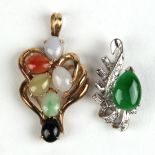 (Lot of 2) Jade, gold and silver pendants Including 1) multi-colored jade and 14k yellow gold