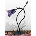 Multi-metal and art glass floral form lamp, having a purple opalescent shade above the foliate