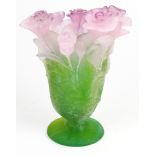 Daum pate de verre vase, decorated with roses on a green ground, signed on underside, 7"h