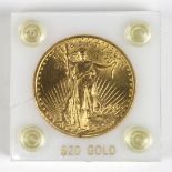 United States 1910 Saint-Gaudens $20 gold coin with double eagle design.